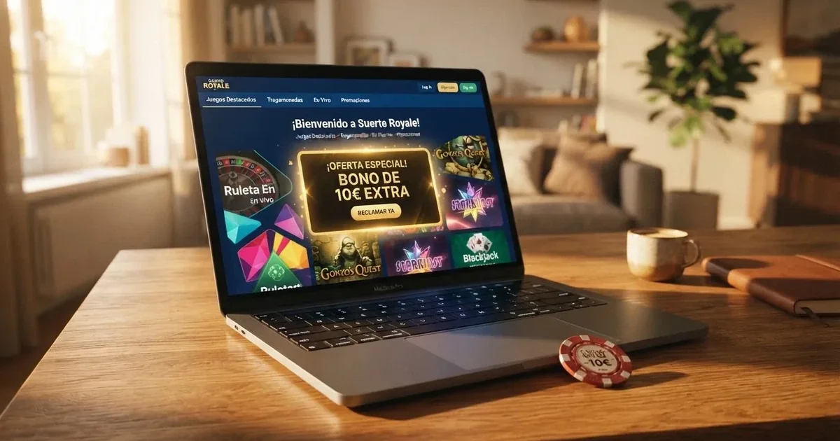 Interfaz de un casino online español con la oferta de bono sin depósito de 10 euros destacada en pantalla