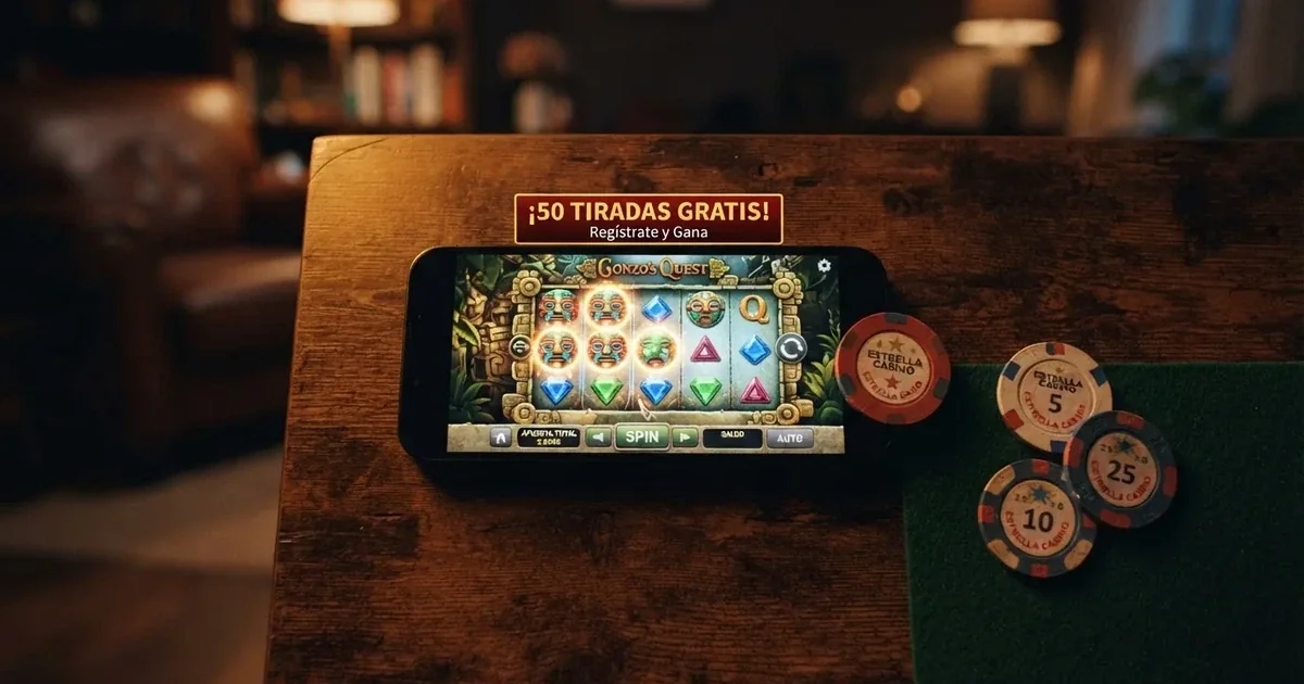 Pantalla de un casino online español mostrando una oferta de tiradas gratis sin depósito junto a sus condiciones