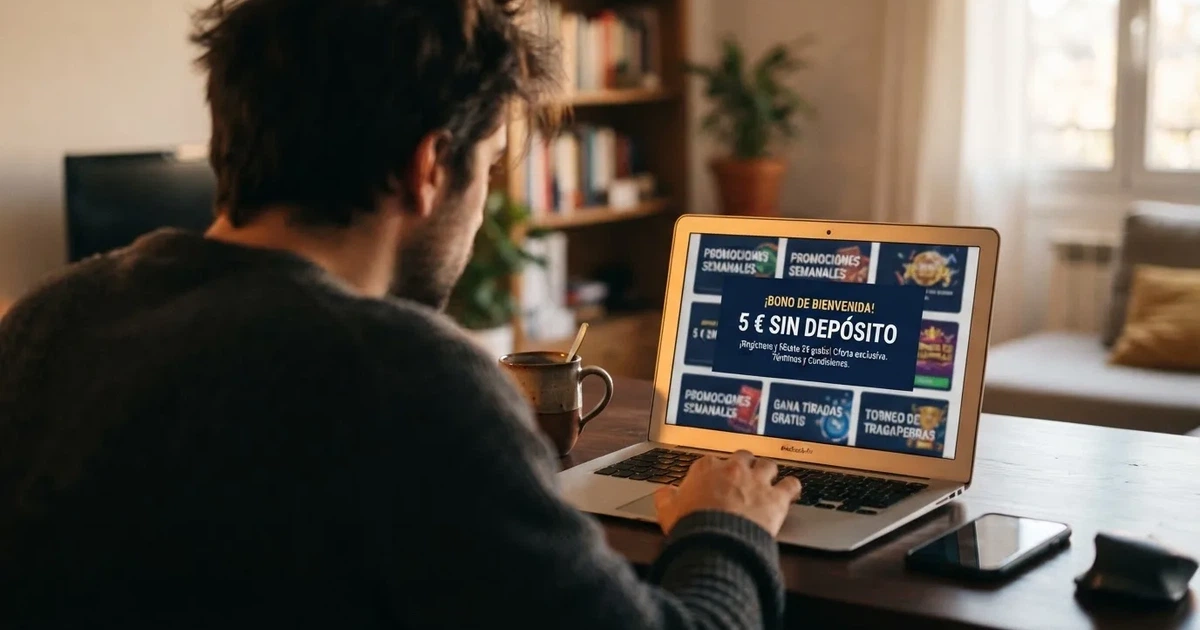 Pantalla de un casino online español con una oferta de bono sin depósito de 5 euros destacada en la página de promociones