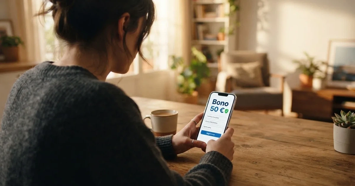 Un teléfono móvil mostrando la pantalla de registro de un casino online español con la palabra «bono 50 €» visible junto al candado de verificación de cuenta