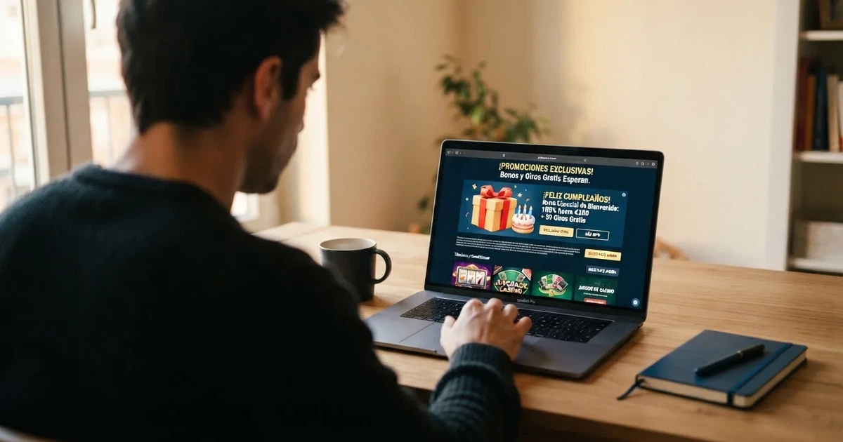 Un jugador consulta en su ordenador la sección de promociones de un casino online español, con un icono de regalo de cumpleaños visible en la pantalla