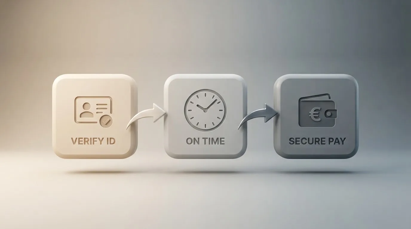 Infografía con tres bloques conectados por flechas: un documento de identidad (KYC), un panel de aprobación con un reloj, y los iconos de PayPal, Skrill y transferencia bancaria