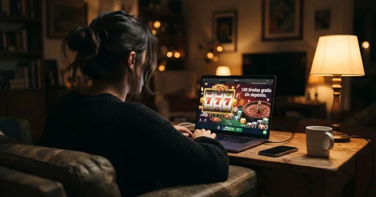 Un jugador consulta una pantalla con el texto «100 tiradas gratis sin depósito» junto a ruletas y tragaperras de un casino online