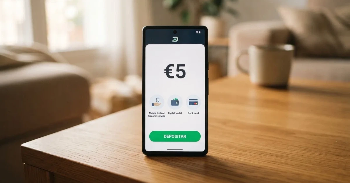 Un teléfono móvil mostrando la pantalla de depósito de un casino online español con el importe de 5 euros resaltado junto a iconos de métodos de pago como Bizum y PayPal