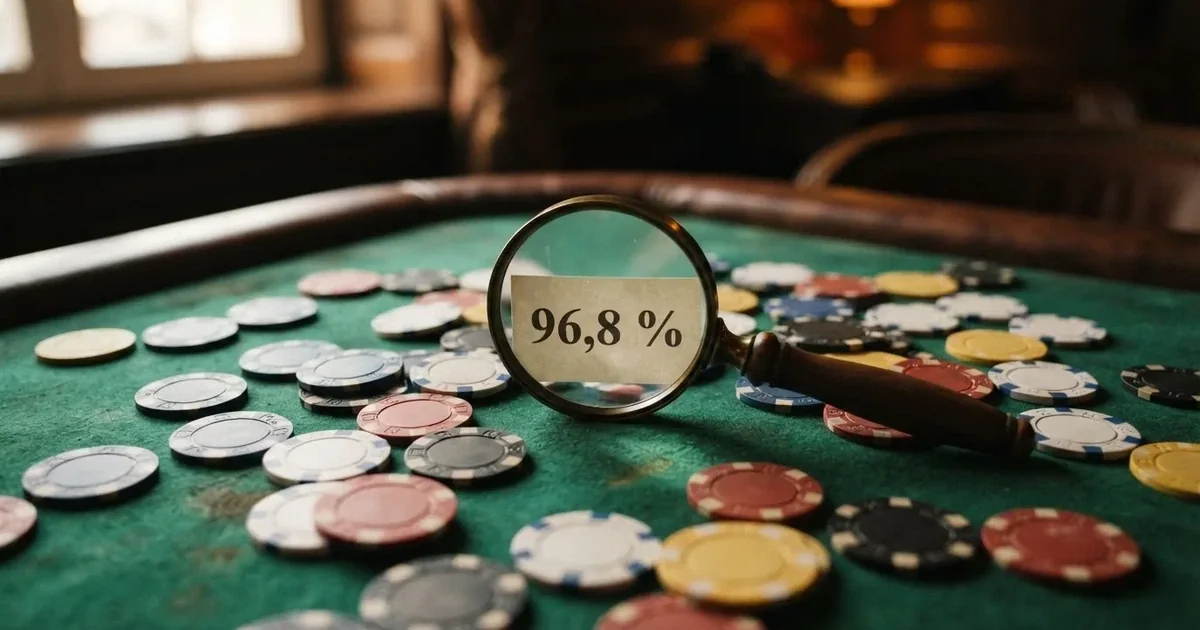 Comparativa de fichas de casino sobre una mesa con una lupa destacando el sello de licencia DGOJ y el porcentaje de RTP