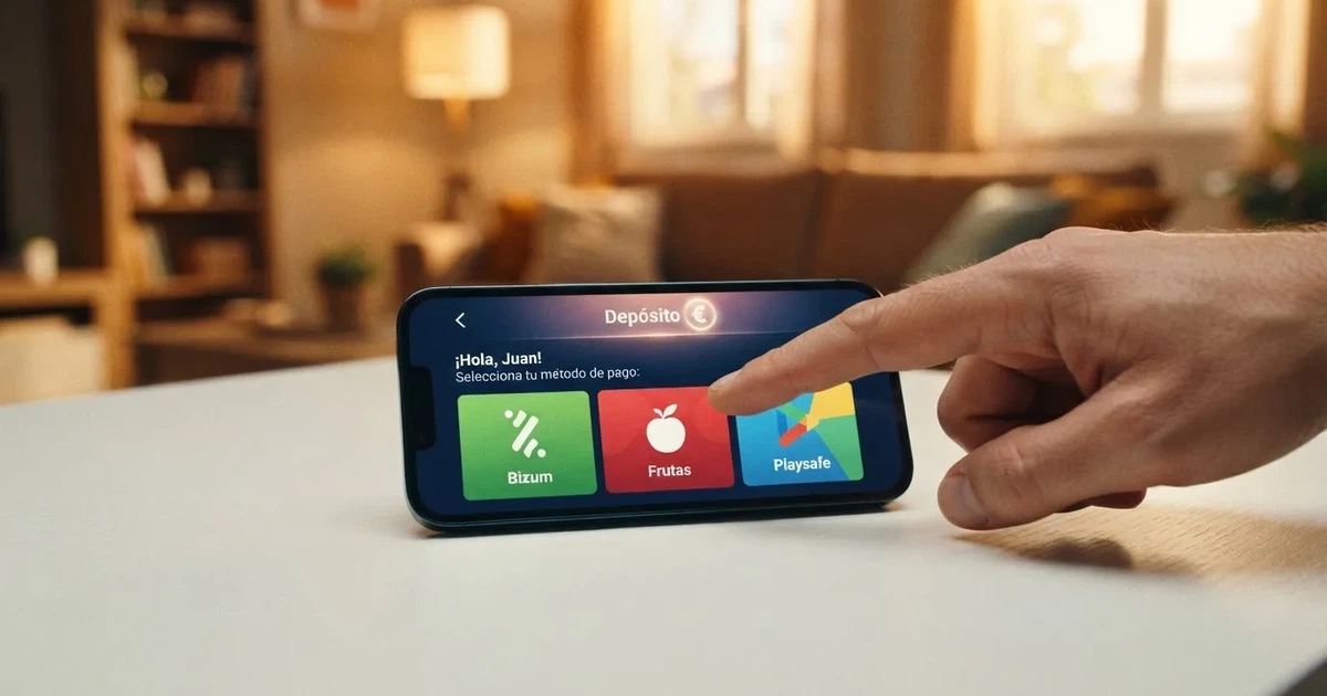 Un teléfono móvil mostrando la pantalla de depósito de un casino online español regulado, con los iconos de Bizum, Apple Pay y Google Pay visibles como opciones de pago