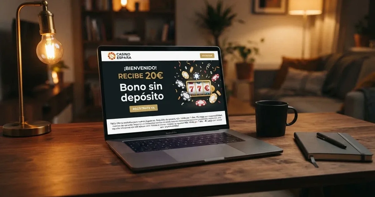 Pantalla de bienvenida de un casino online español mostrando una oferta de bono sin depósito junto a sus condiciones en letra pequeña