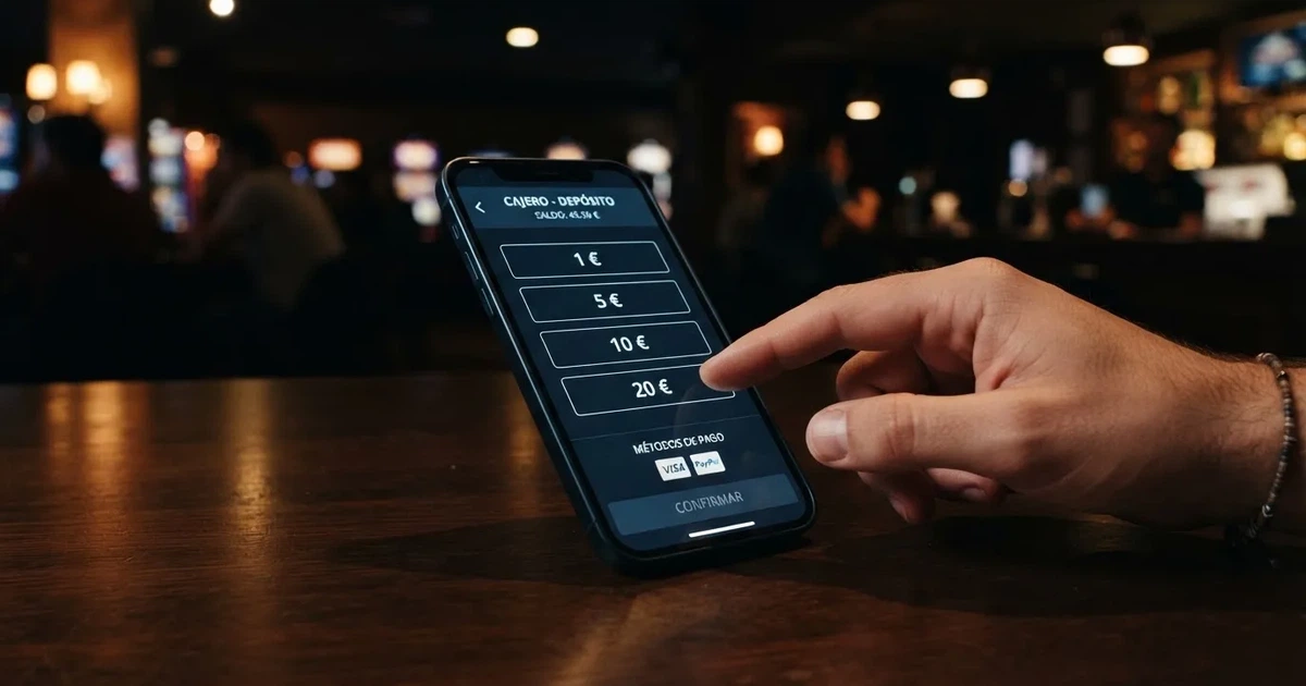 Captura de pantalla de un casino online español mostrando el cajero con varias opciones de depósito mínimo: 1 €, 5 €, 10 € y 20 €
