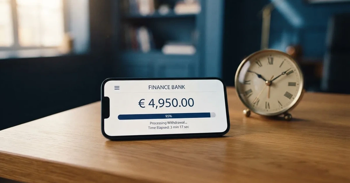 Pantalla dividida mostrando un móvil con la interfaz de retirada de un casino online español junto a un reloj marcando pocos minutos, sobre fondo azul corporativo