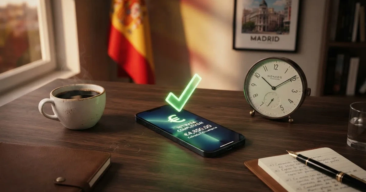 Escritorio con un teléfono móvil mostrando la pantalla de retirada completada de un casino online, junto a un reloj que marca pocos minutos y una taza de café, sobre un fondo con la bandera de España difuminada
