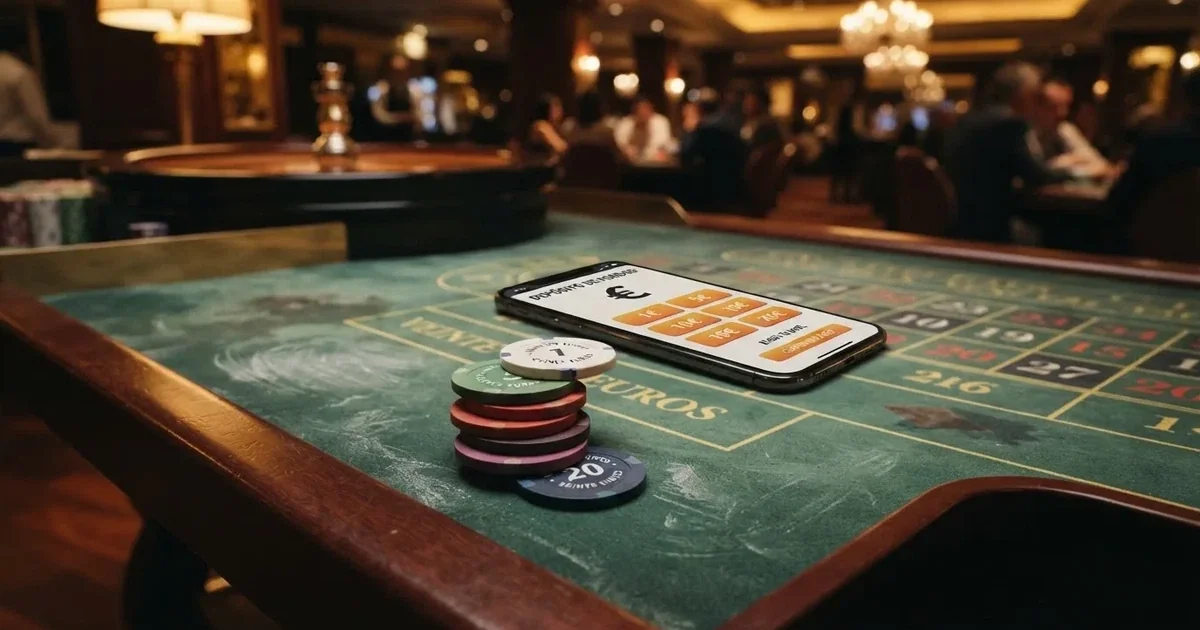Fichas de casino apiladas por valor creciente — 1 €, 5 €, 10 €, 15 € y 20 € — sobre el tapete verde de una ruleta, con una pantalla de móvil mostrando la interfaz de depósito de un casino online español