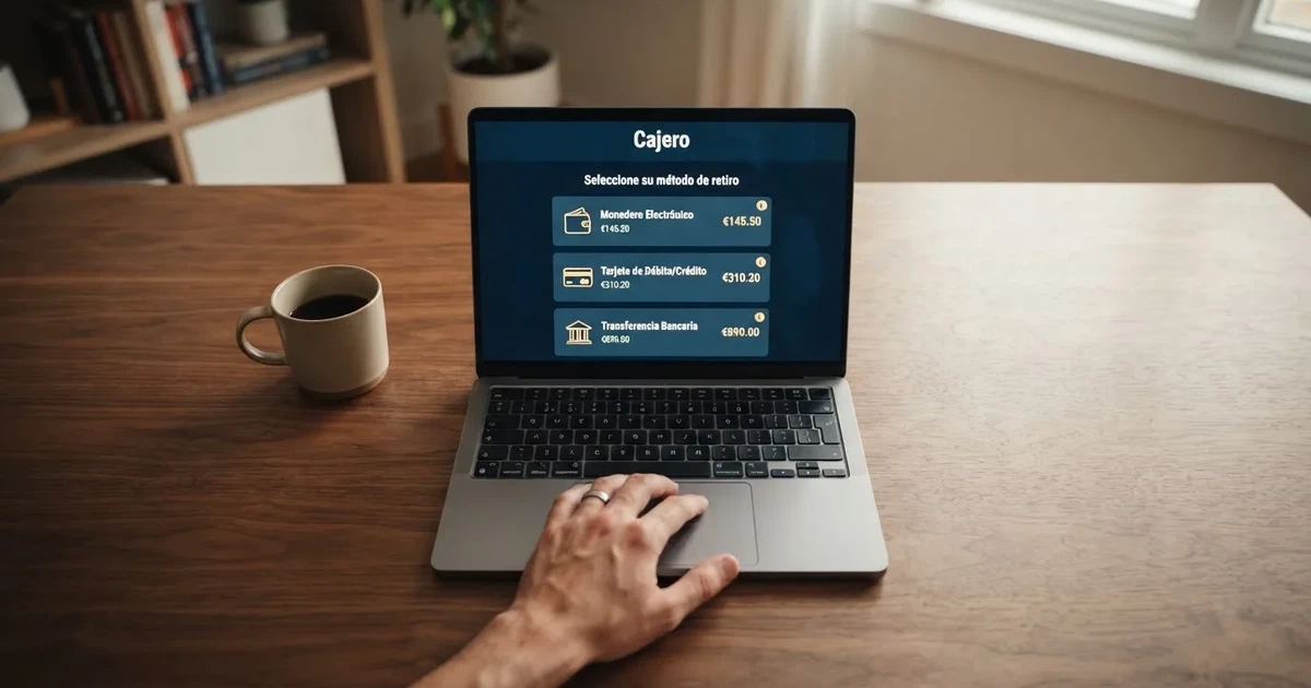 Interfaz de un casino online con licencia DGOJ mostrando la sección de cajero y métodos de retirada disponibles en pantalla