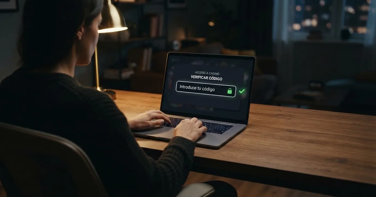 Manos de una persona sobre un teclado, con la pantalla de un casino online español mostrando el campo «Introduce tu código promocional» junto al candado de verificación DGOJ