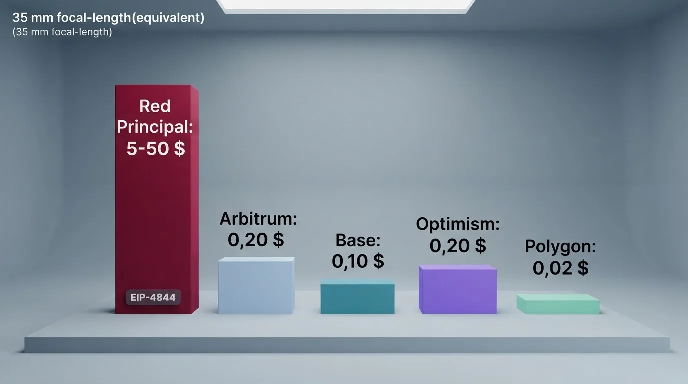 Comparativa visual del coste por transacción en la red principal de Ethereum frente a las cuatro capas 2 principales