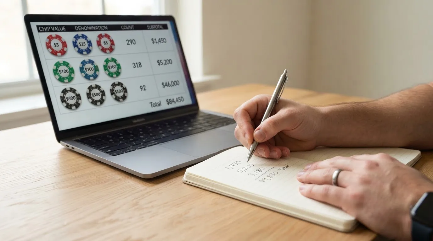 Primer plano de una mano anotando cifras junto a una pantalla con varias fichas de casino online abiertas