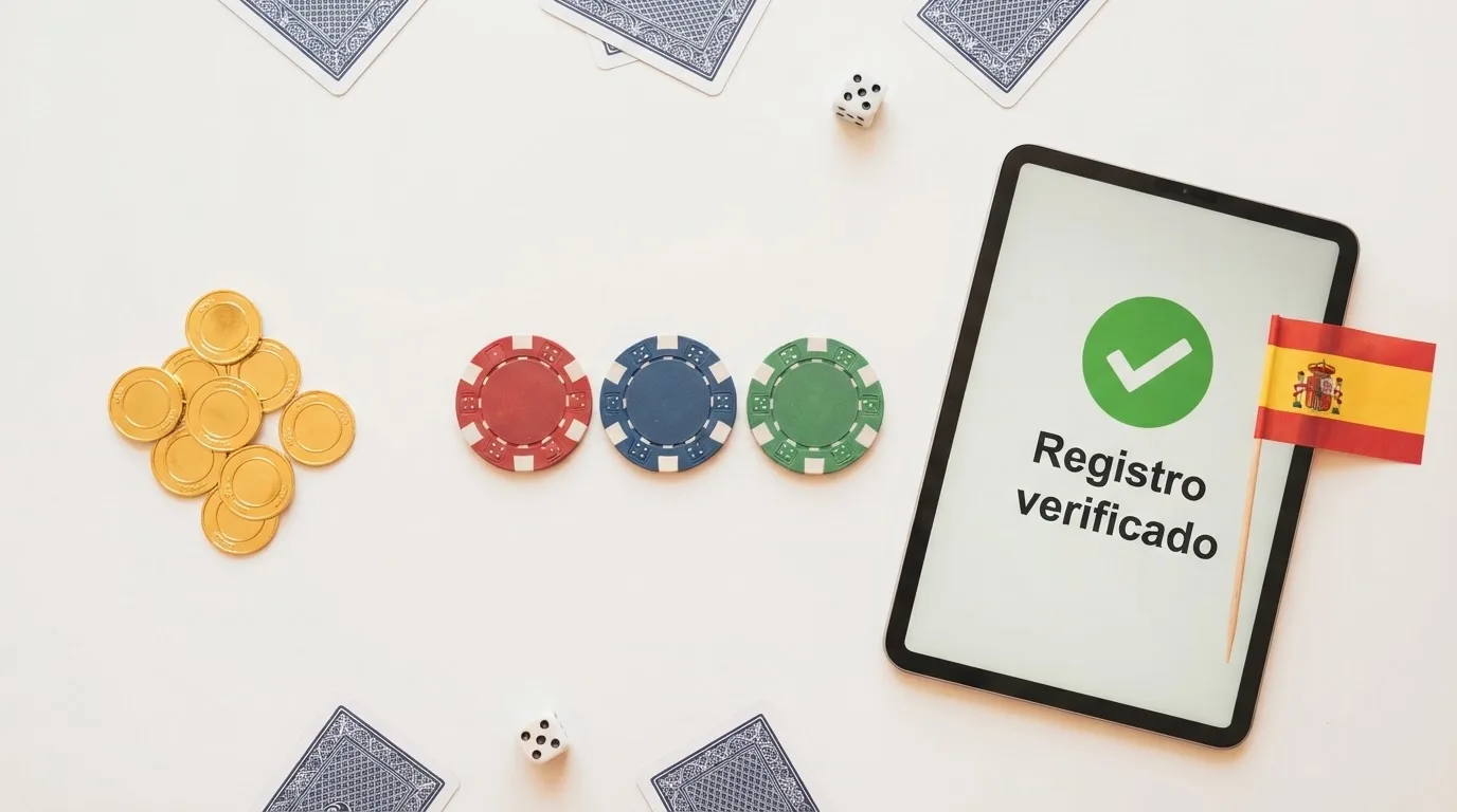 Vista comparativa de fichas de casino, tiradas gratis y pantallas de registro sobre un fondo limpio con la bandera de España