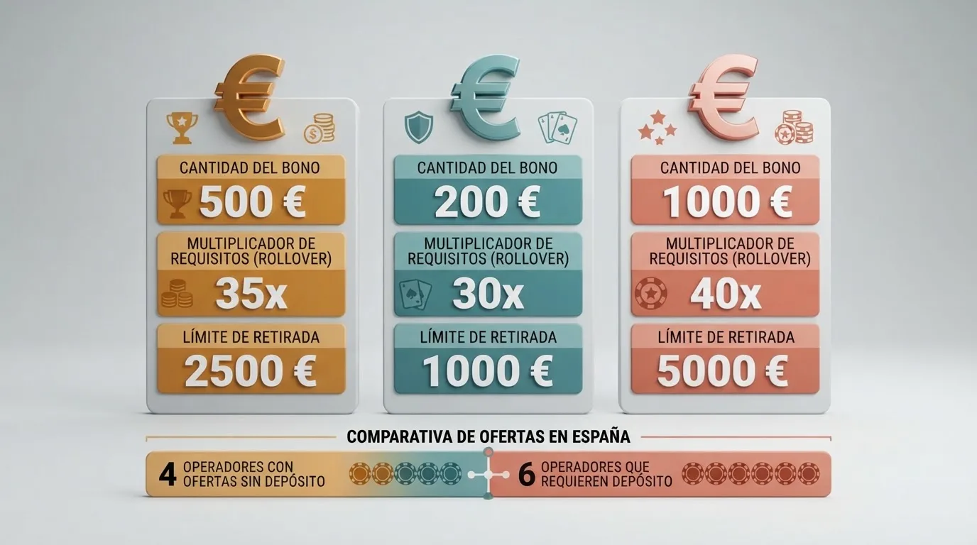 Una tabla comparativa con logotipos de casinos españoles junto a columnas de importe del bono, rollover y tope de retirada