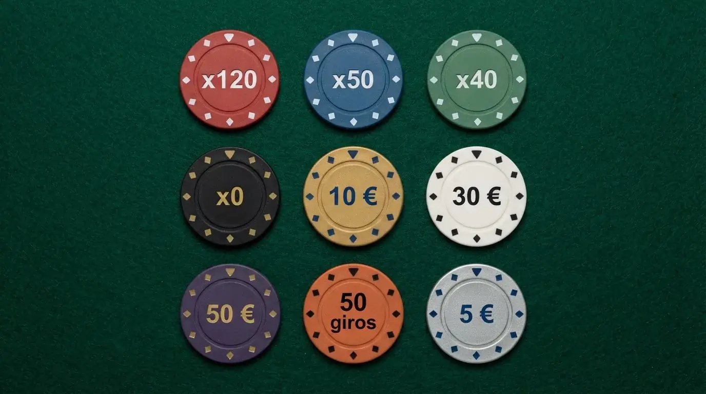 Una cuadrícula visual con fichas de casino de distintos colores sobre una mesa de juego, cada ficha con el nombre de un operador y su importe de bono, ordenadas de mayor a menor valor.