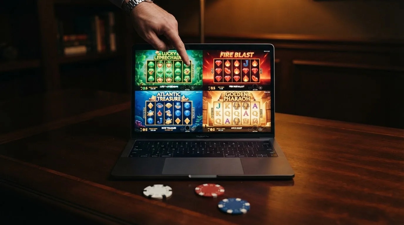Pantalla dividida con varias tragaperras y fichas de registro de distintos casinos online