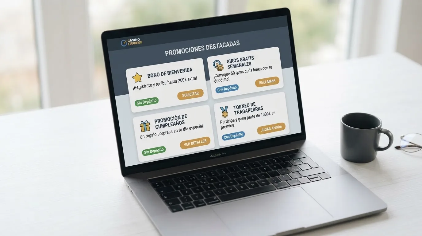 Interfaz de comparación con fichas de varios casinos online españoles, cada una con su oferta destacada de bono de bienvenida o promoción sin depósito