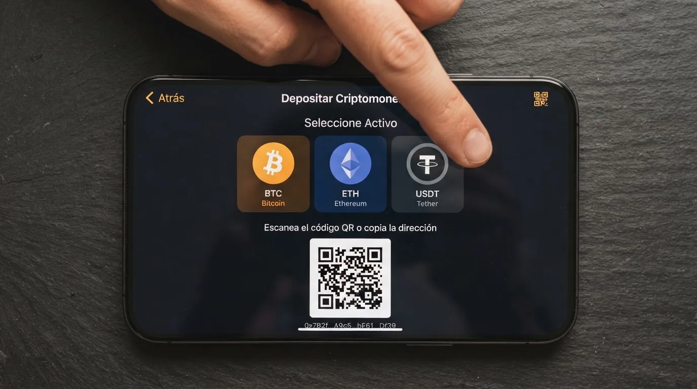 Pantalla de depósito de un casino online mostrando Bitcoin, Ethereum y USDT como opciones de pago, con un código QR y una dirección de wallet