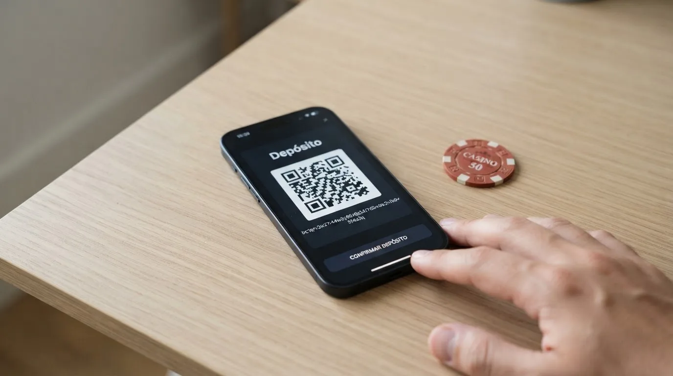 Interfaz de depósito de un casino online con un código QR y una dirección bitcoin para escanear desde el móvil