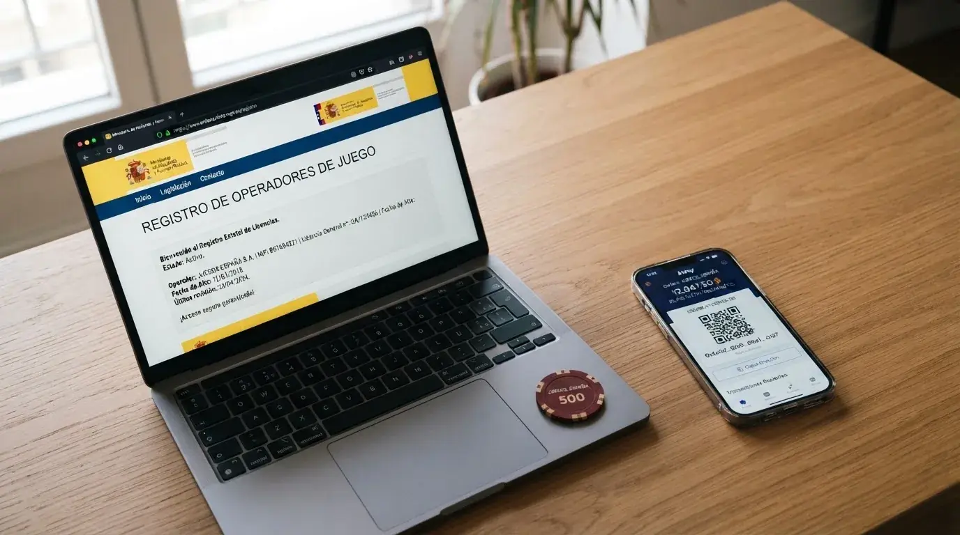 Pantalla dividida: a la izquierda el logotipo de la DGOJ sobre un dominio .es con candado de verificación, a la derecha un casino offshore con direcciones de wallet en criptomonedas