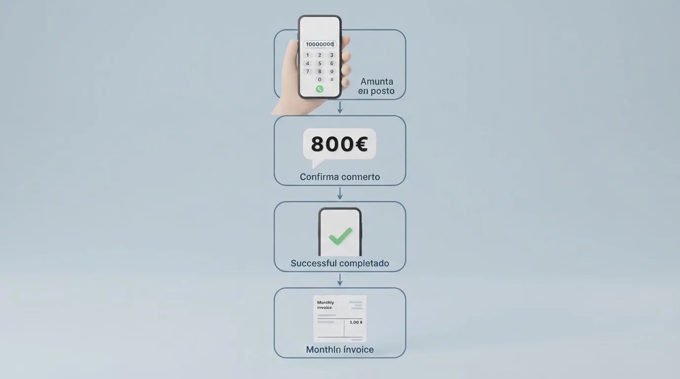 Infografía del recorrido de un depósito por carrier billing: el jugador introduce su número de teléfono, recibe un SMS de confirmación de 4 dígitos, responde y el importe se carga en su factura mensual