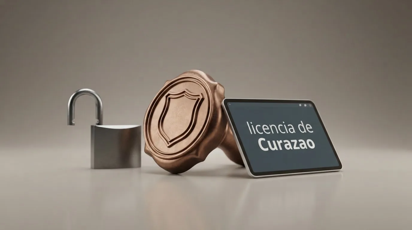 Sello de licencia de la DGOJ junto a un candado abierto y una pantalla con el texto «licencia de Curazao»