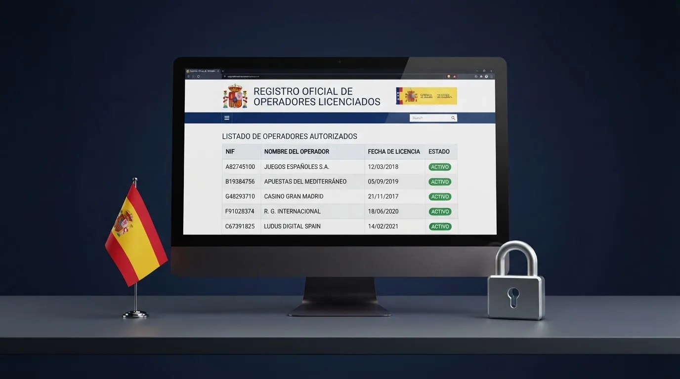 Pantalla del registro oficial de la DGOJ (ordenacionjuego.es) con el listado de operadores autorizados, junto al logo de la DGOJ y un candado sobre la bandera de España
