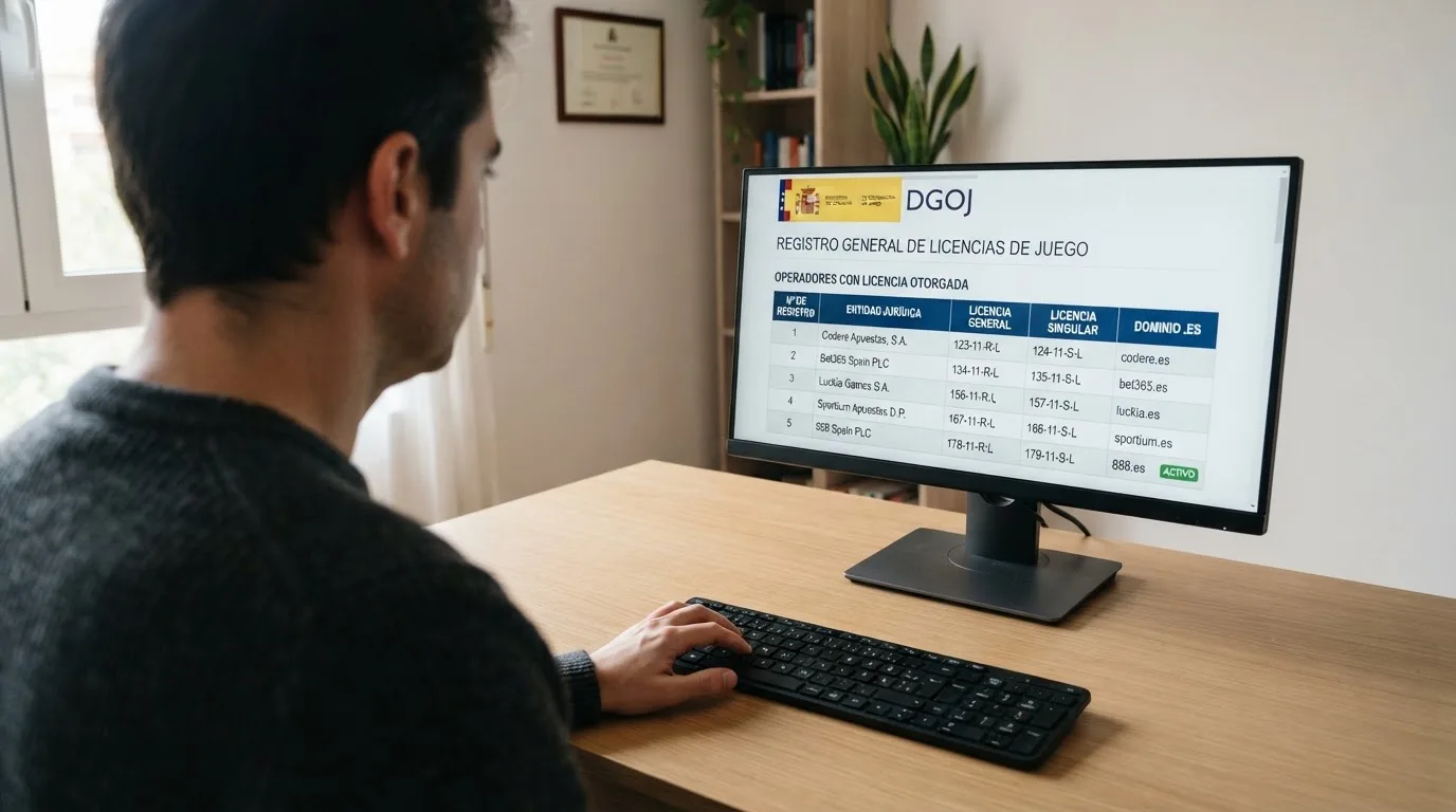 Captura del registro público de operadores con licencia en la web de la DGOJ, mostrando el listado de entidades autorizadas con dominio .es
