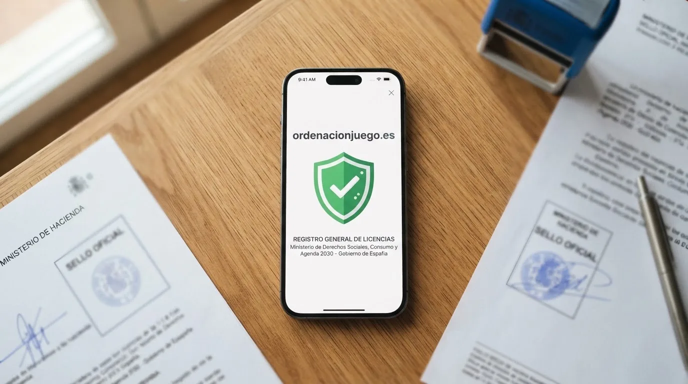 Primer plano de un teléfono móvil mostrando la página de ordenacionjuego.es con el sello de la DGOJ visible en pantalla, sobre una mesa con documentación oficial.