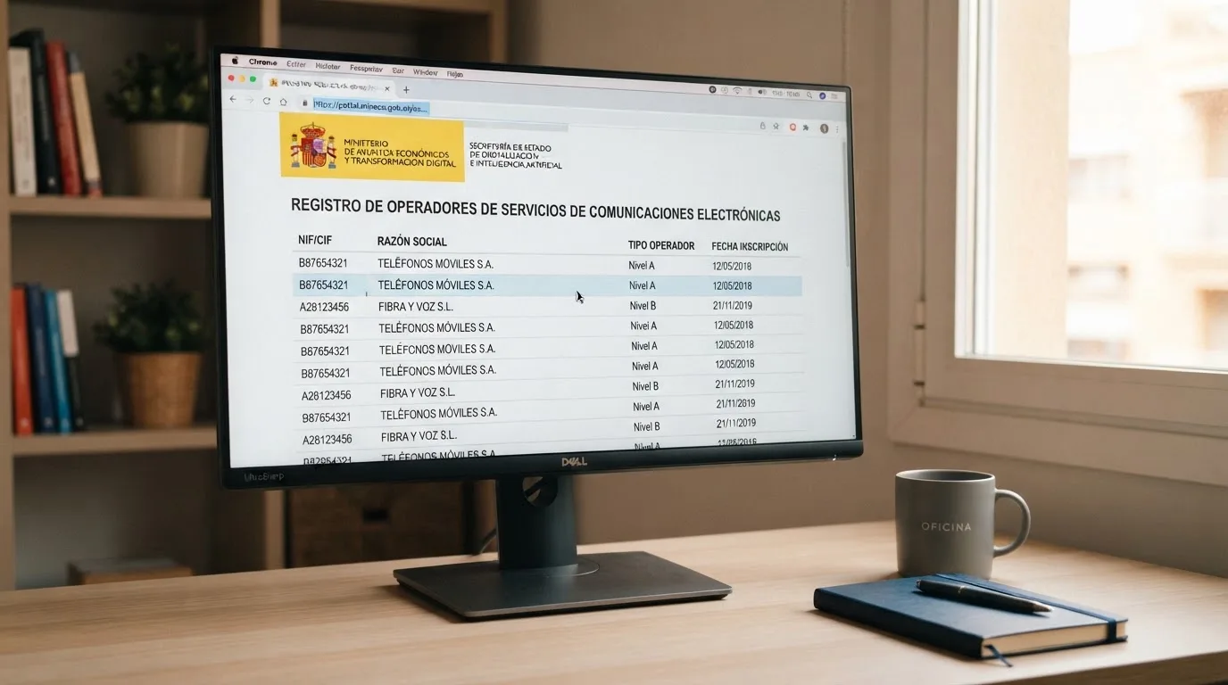 Pantalla de ordenador mostrando el registro oficial de licencias de la DGOJ con el cursor sobre el nombre de un operador autorizado, junto a un candado abierto y el dominio «.es» resaltado en la barra de direcciones