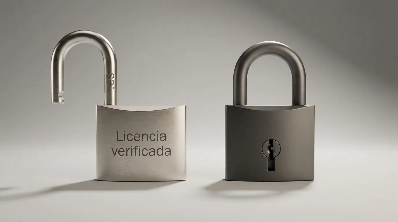 Pantalla dividida: a la izquierda el logo de la DGOJ sobre un candado abierto con el texto «Licencia verificada»; a la derecha un candado cerrado sobre un dominio sin .es