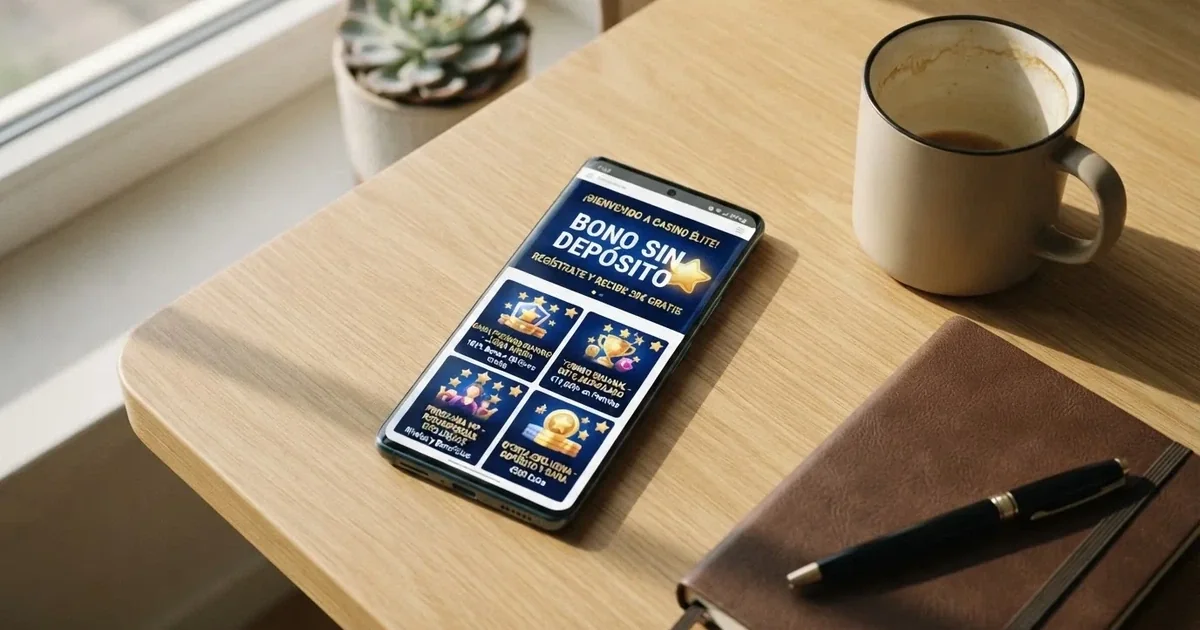 Pantalla de un móvil mostrando la página de promociones de un casino online español con una oferta de bono sin depósito destacada