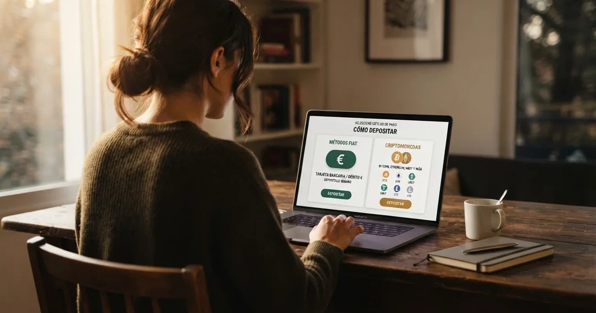 Pantalla de un casino online que muestra la opción de depósito con bitcoin junto a una cartera digital y una tabla comparativa de criptomonedas aceptadas