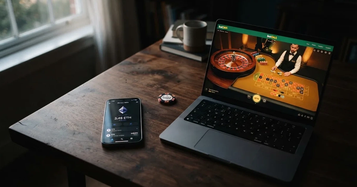 Un monedero de criptomonedas mostrando el saldo en ETH junto a la interfaz de un casino online con fichas de ruleta