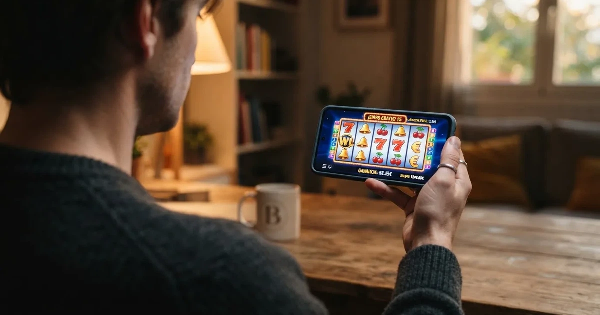 Mano sujetando un teléfono móvil que muestra en pantalla una tragaperras de casino online con el contador de tiradas gratis activo