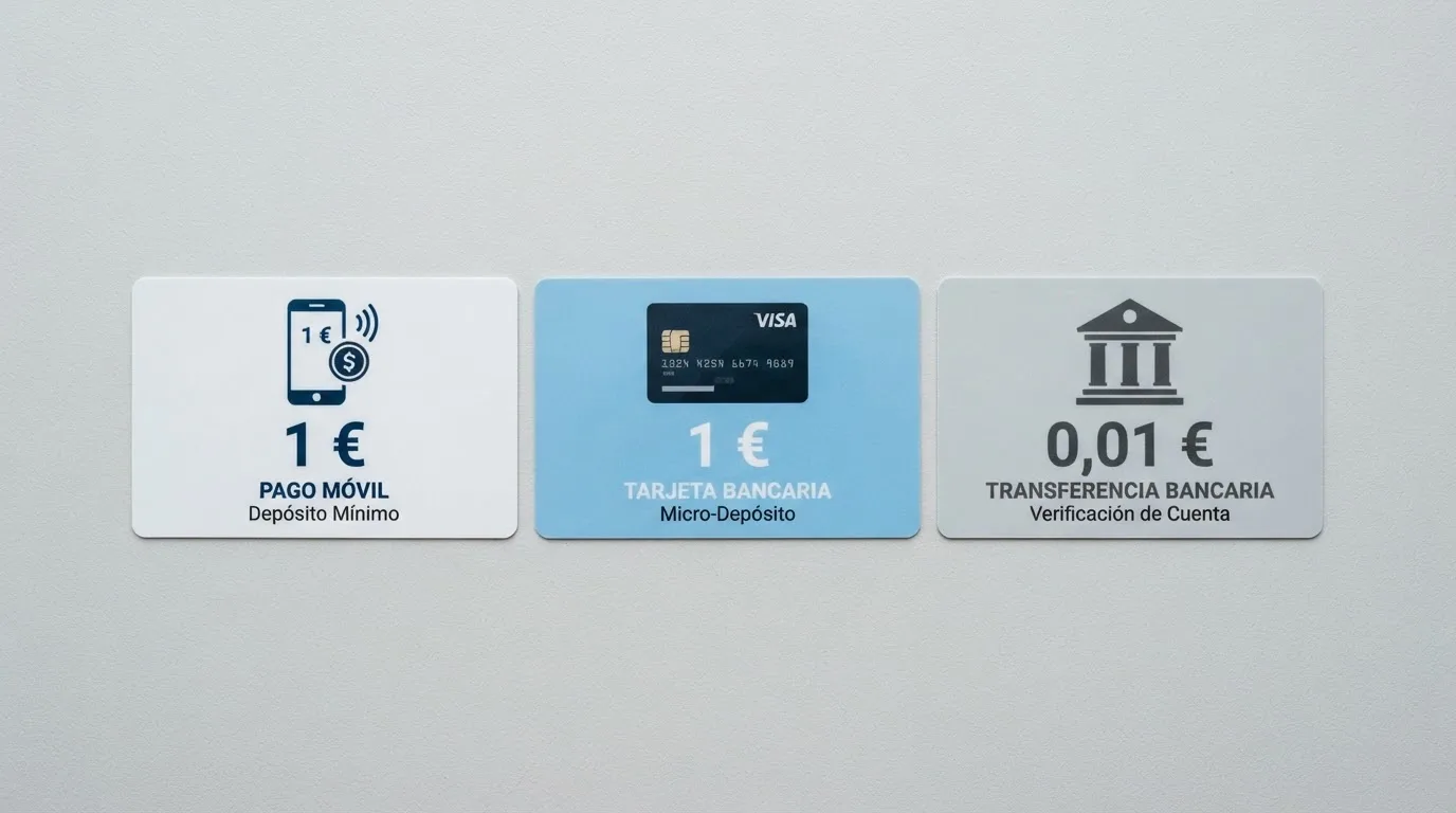 Los iconos de los métodos de pago aceptados para microdepósitos en casinos DGOJ — Bizum, Visa, transferencia bancaria — con los importes mínimos reales junto a cada uno