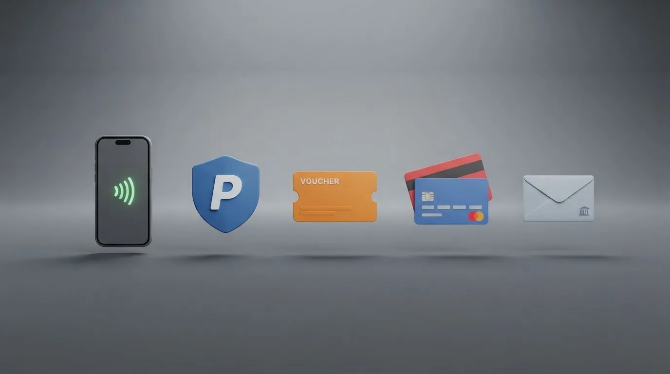 Comparativa visual de los métodos de pago disponibles en un casino online español: iconos de Bizum, PayPal, Paysafecard, Visa y transferencia bancaria