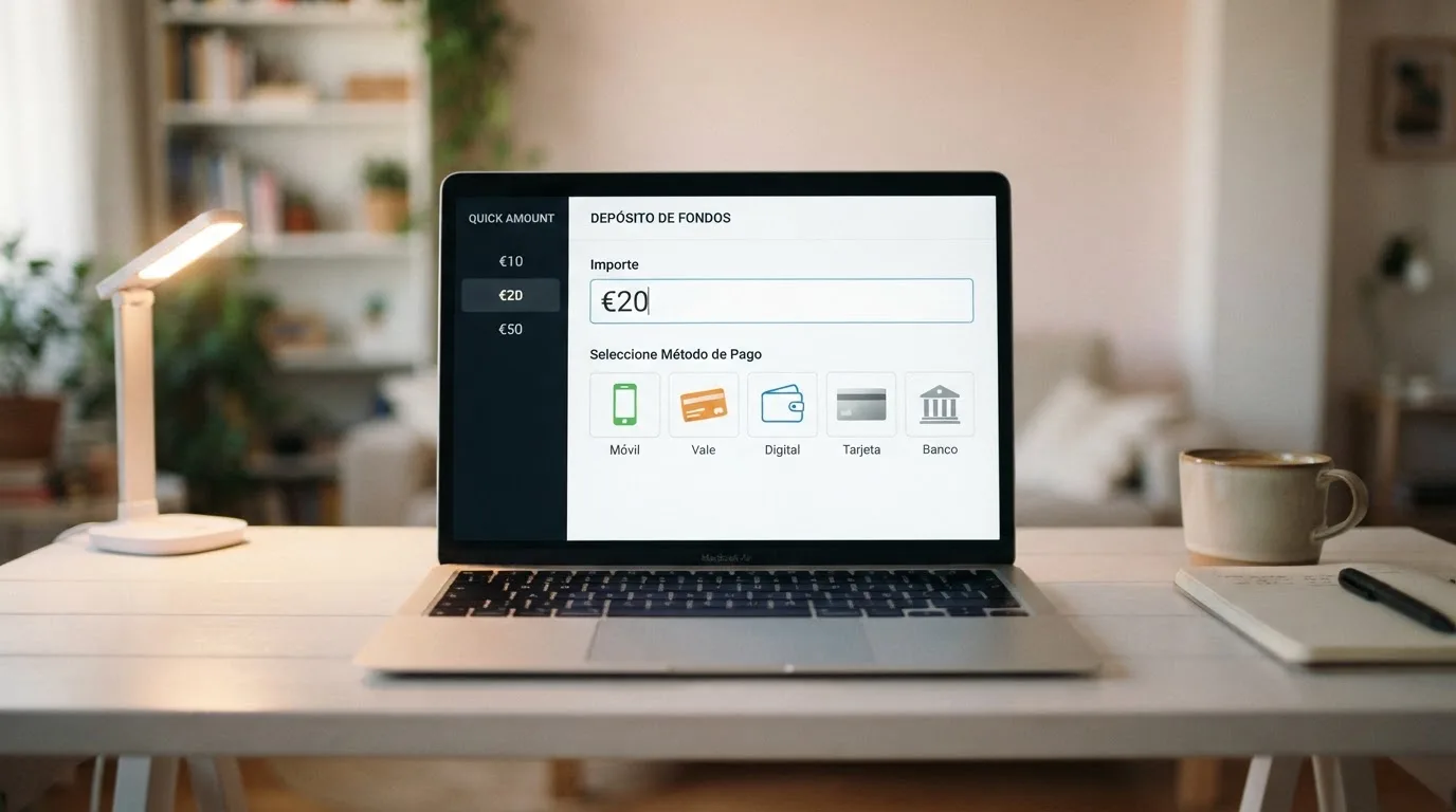 Panel de cajero de un casino online español mostrando los iconos de Bizum, PayPal, Paysafecard, Visa y transferencia bancaria como opciones de depósito