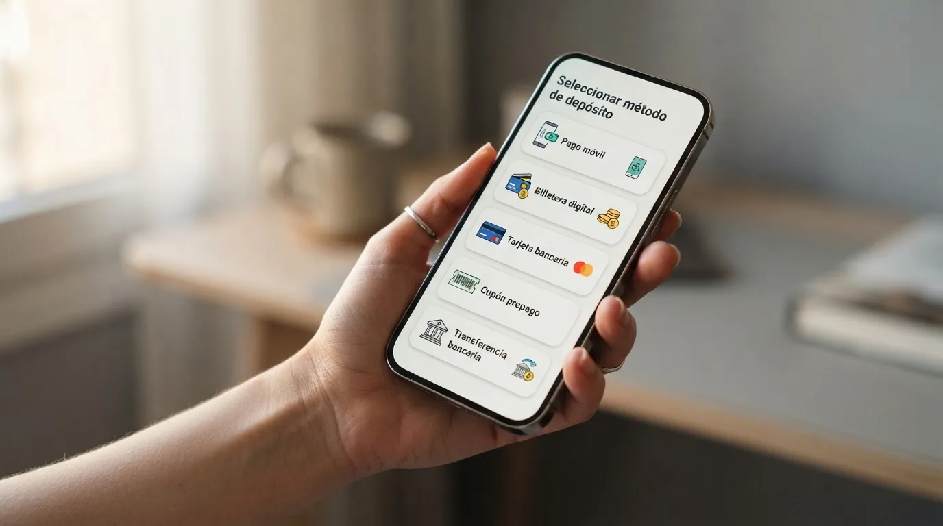 Primer plano de un móvil con la pantalla de selección de método de pago en un casino online: iconos de Bizum, PayPal, Paysafecard, Visa y transferencia bancaria visibles