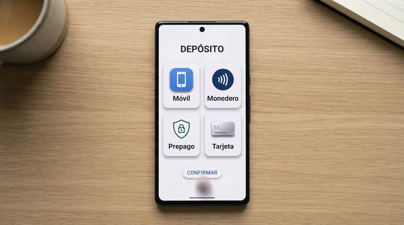 Pantalla de un móvil con los iconos de Bizum, PayPal, Paysafecard y tarjeta bancaria como opciones de depósito en un casino online