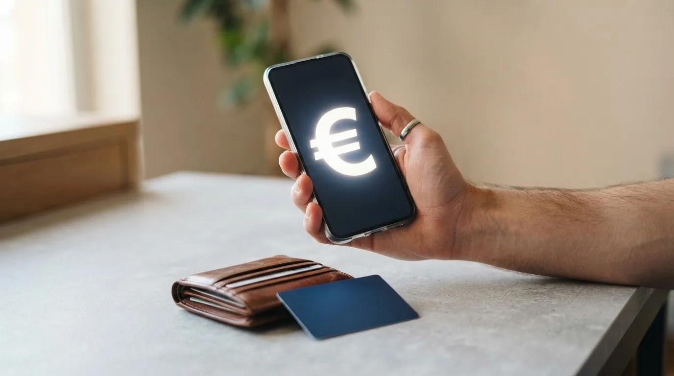Primer plano de una mano sosteniendo un teléfono móvil junto a una cartera con varios métodos de pago reconocibles: una tarjeta, un monedero electrónico y un billete, conectados por una flecha visual hacia una pantalla que muestra un check de verificación completado