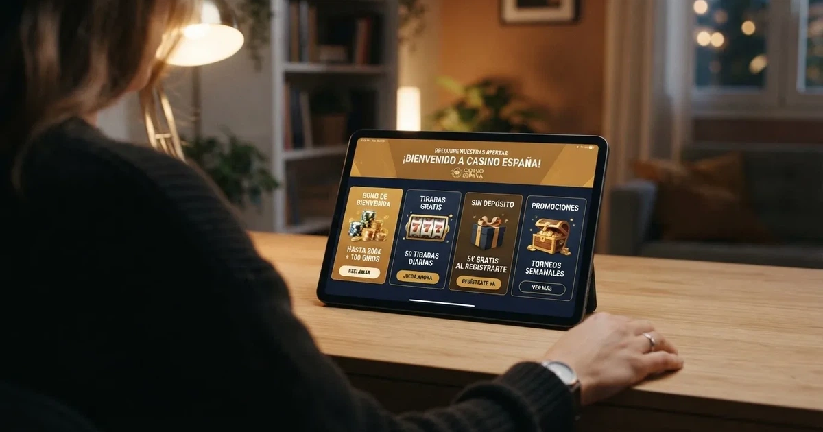 Pantalla de un casino online español mostrando una sección de promociones con apartados de bono de bienvenida, tiradas gratis y promociones sin depósito
