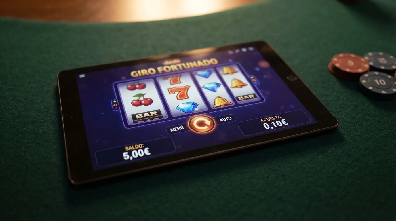 Una cuadrícula de tres slots de tragaperras online con rodillos coloridos, destacando una interfaz con apuesta de 0,10€ y saldo de 5€