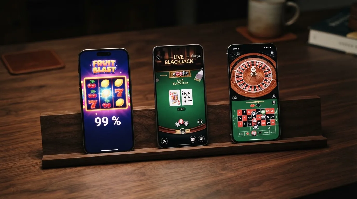 Primer plano de tres pantallas: una tragaperras mostrando un RTP del 99%, una mesa de blackjack y una ruleta europea con sus porcentajes de retorno