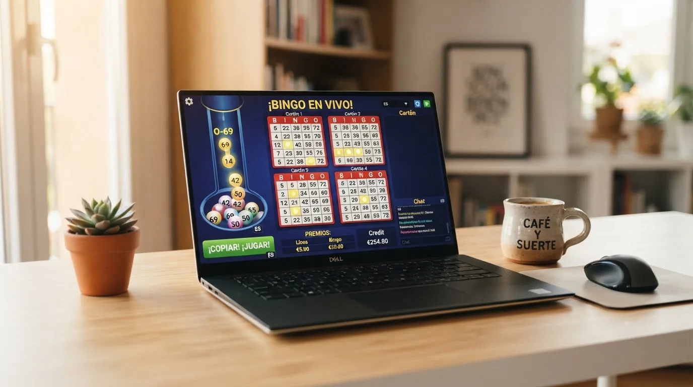 Interfaz de un juego de video bingo en un casino con licencia DGOJ, mostrando varios cartones activos en pantalla con marcado automático y extracción de bolas