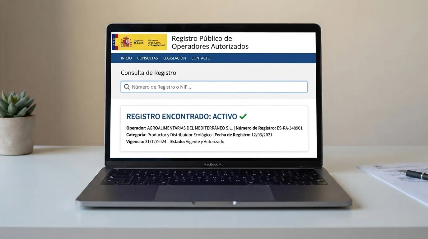 Pantalla de ordenador mostrando el registro oficial de ordenacionjuego.es con el campo de búsqueda de operador y el resultado de una consulta con datos de licencia visibles